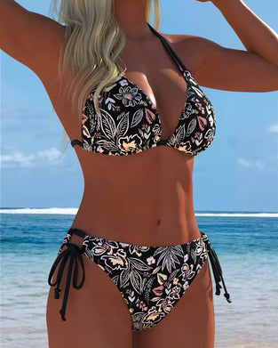 Bikini Kwiatowy Wiązany na Szyi Dwuczęściowy Bikini