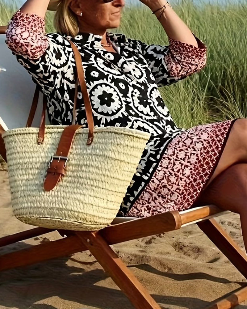 Sukienka Etniczny Styl Rękaw Trzy Czwarte