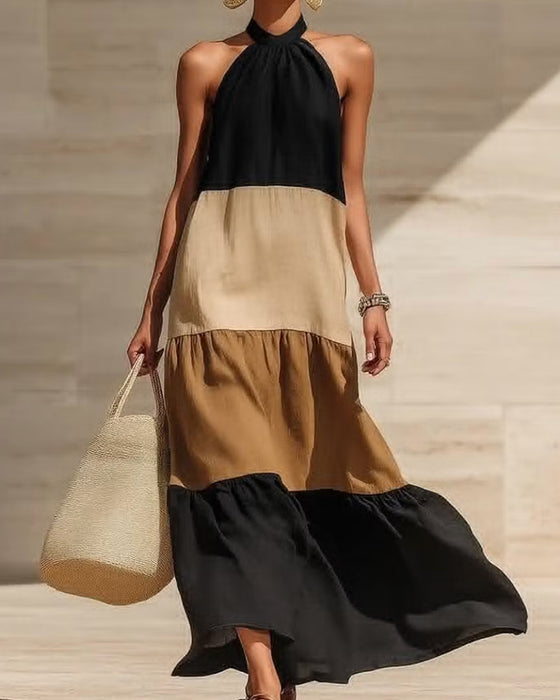 Sukienki Halter Off-Shoulder Patchwork Blok Koloru