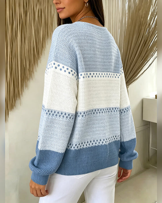 Bluza Blok Kolorów Dzianina Waflowa Henley Sweter