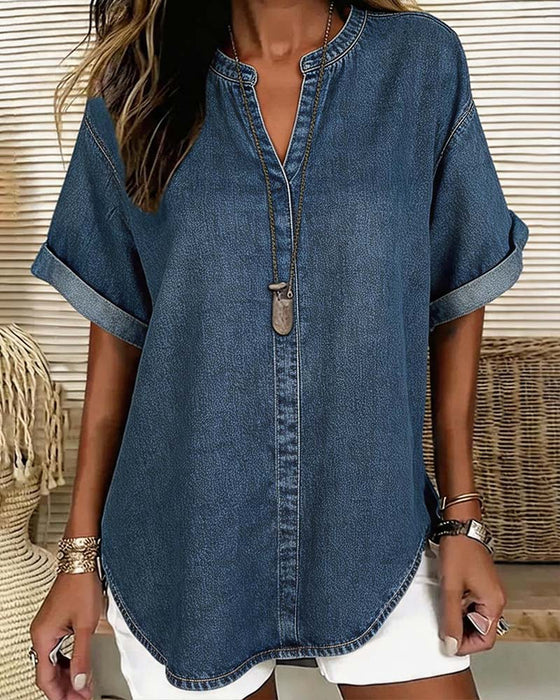 Bluzy V-Szyja Denim Krótki Rękaw