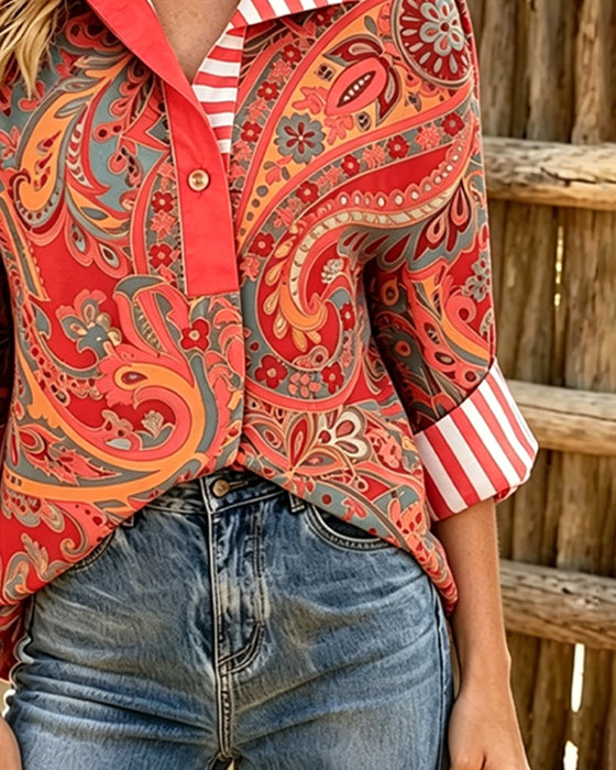 Bluzka Patchwork Kwiatowy Druk Swobodny