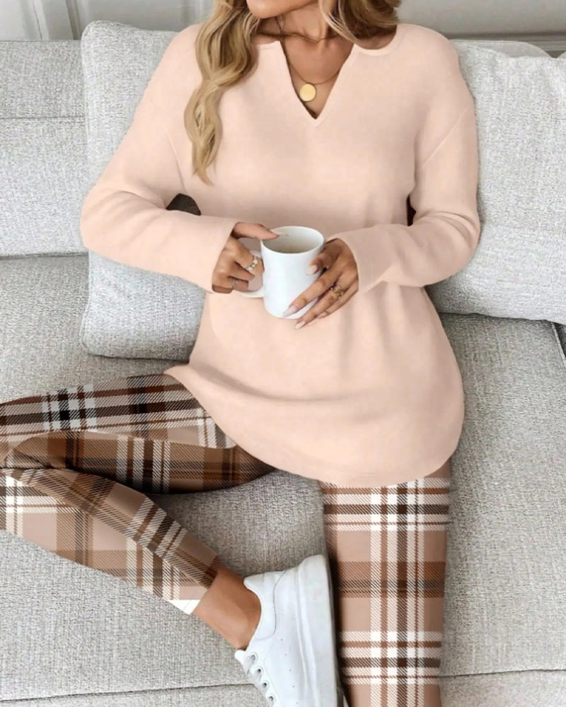 Zestaw V-Szyja Gładki Top + Krata Spodnie Loungewear