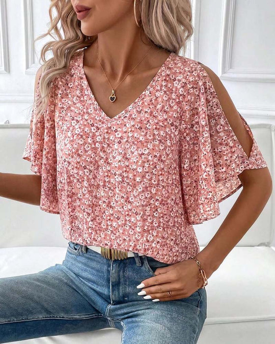 Bluzka V-Szyjka Kwiatowy Off-Shoulder Rękaw Motylkowy