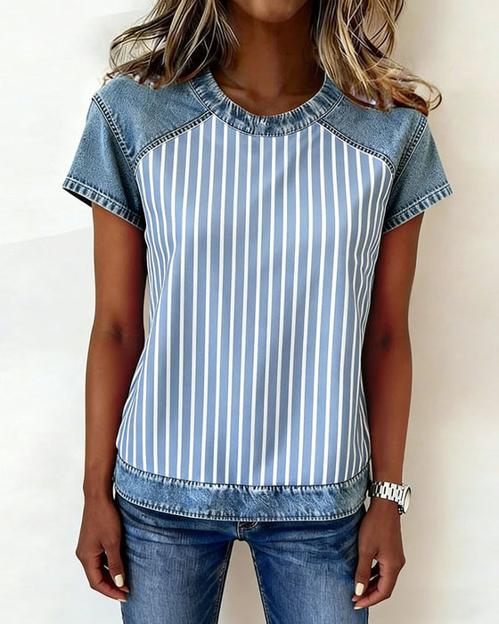 T-Shirt Denim Patchwork W Paski Krótki Rękaw