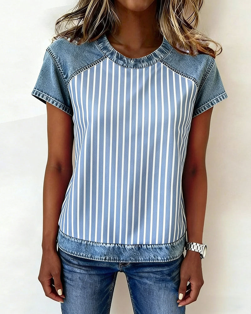 T-Shirt Denim Patchwork W Paski Krótki Rękaw