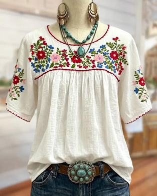 Bluzka Okrągły Dekolt Haftowany Bohemian