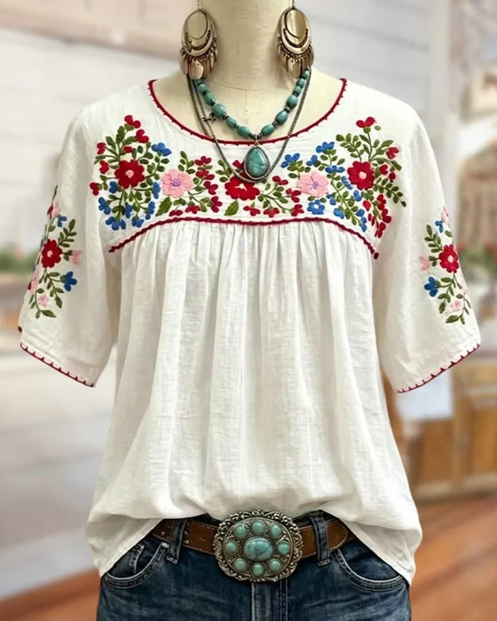 Bluzka Okrągły Dekolt Haftowany Bohemian