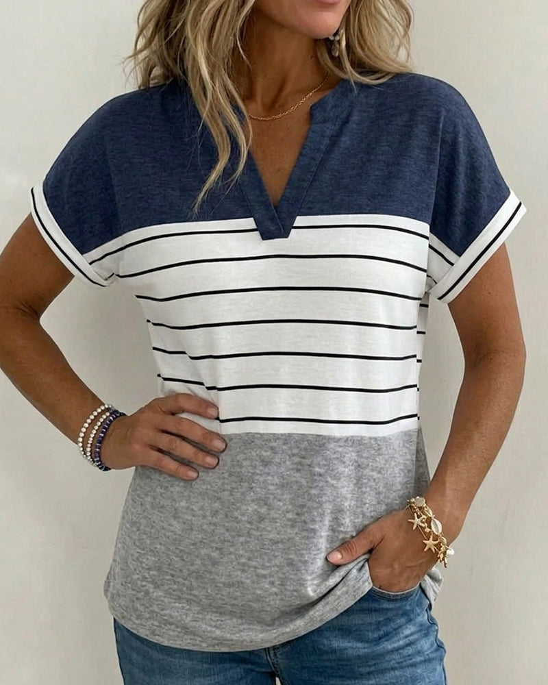 T-Shirt V-Szyja Kontrast Pasek