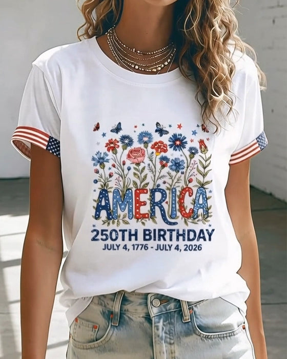 T-Shirt Okrągły Dekolt Litera Kolorowy Kwiatowy Druk