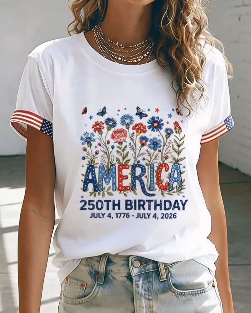 T-Shirt Okrągły Dekolt Litera Kolorowy Kwiatowy Druk