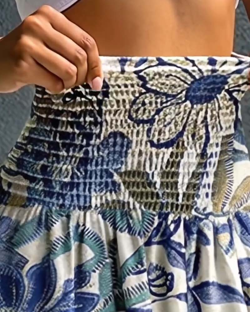 Spodnie Wysoki Stan Kwiatowy Wzór Gumka W Pasie Szerokie Nogawki