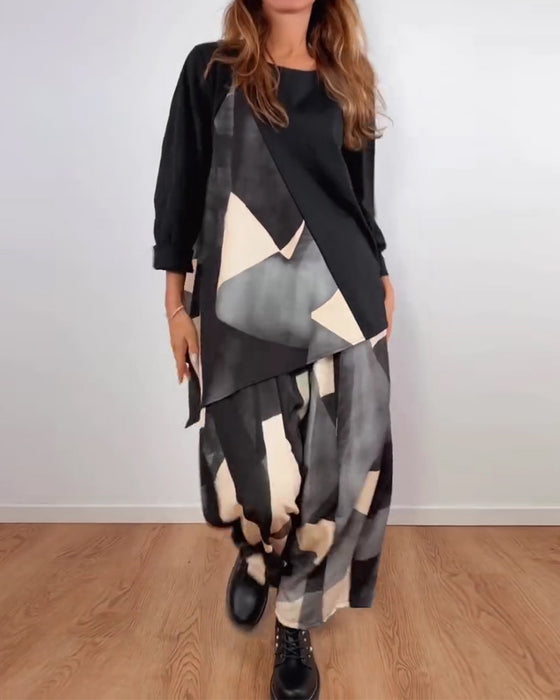 Dwuczęściowy Zestaw Casual Geometryczny Nadruk Szerokie Spodnie