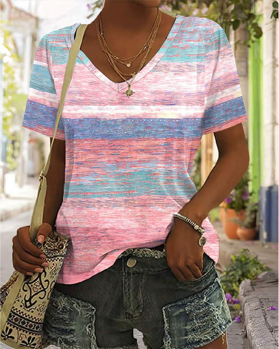 T-Shirt Z Dekoltem W Serek Kolorowy W Paski Uniwersalny