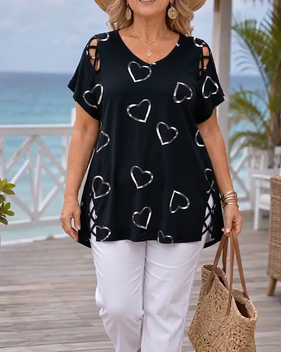 T-Shirt Wzór Serce Ażurowy Krótki Rękaw