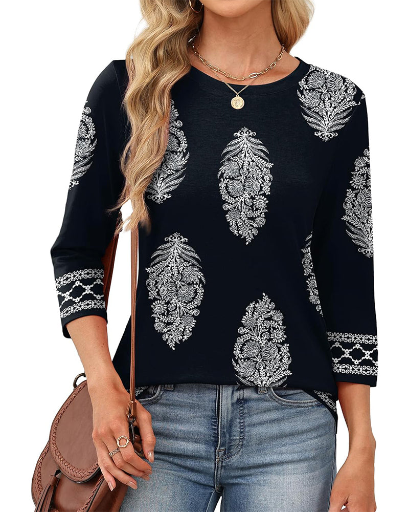 Top Drukowany Trzy Czwarte Rękawa Okrągły Dekolt