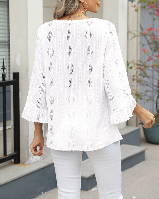 Bluzka Wzór Diamentowy Ażurowa Rękawy Trąbkowe