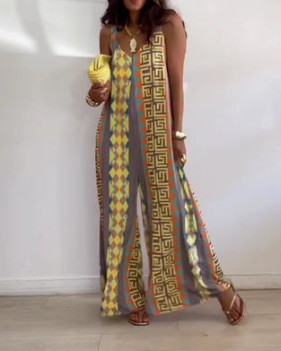 Jumpsuit Geometryczny Druk Ramiączko Spaghetti Szeroka Noga