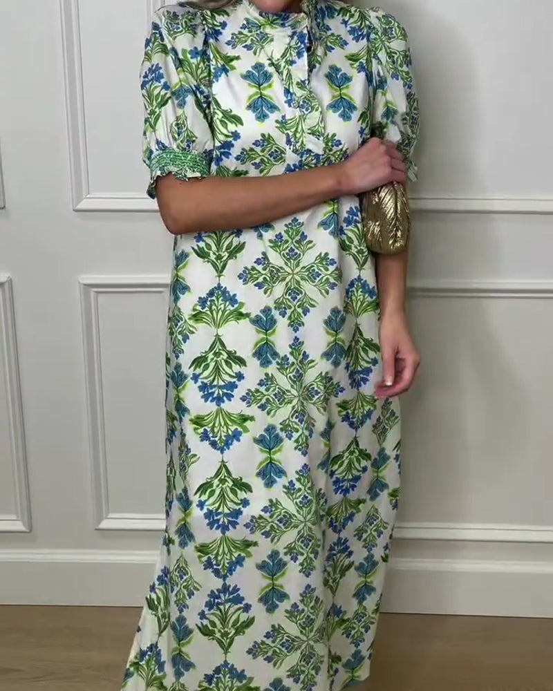 Sukienka Roślinny Nadruk Stójka