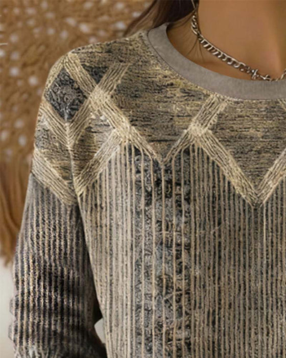 Retro Drukowany Sweter Z Okrągłym Dekoltem