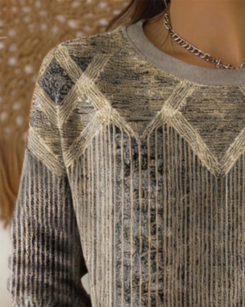 Retro Drukowany Sweter Z Okrągłym Dekoltem