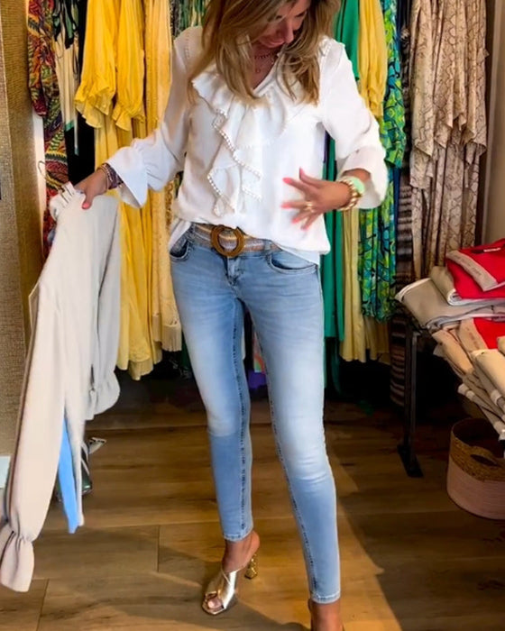 Damskie markowe bluzki z falbaną