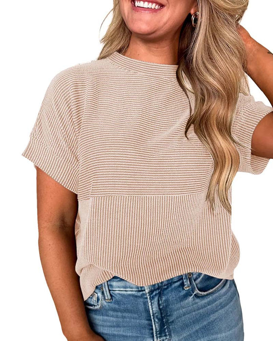 T-Shirt W Paski Krótki Rękaw Okrągły Dekolt