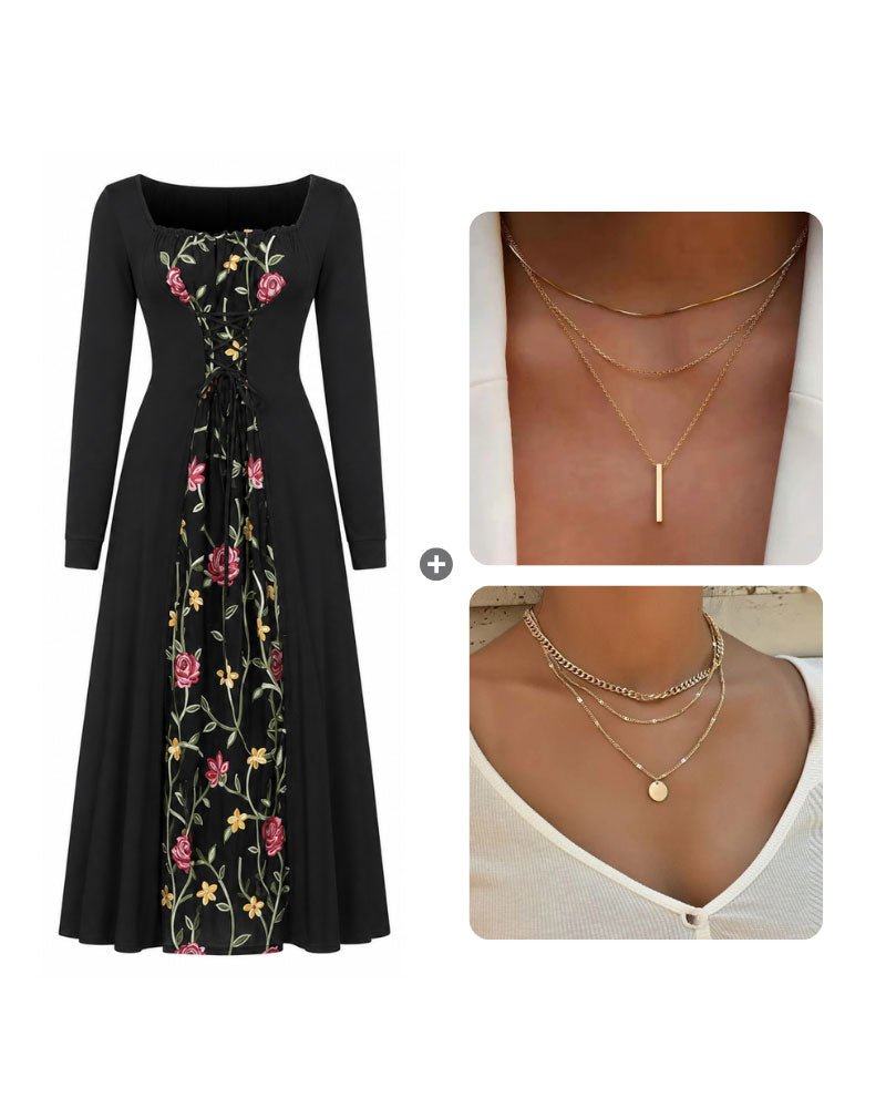 Sukienka Kwadratowy Dekolt Róża Spliced Maxi