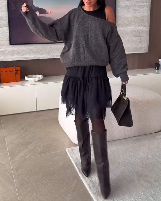 Off-Shoulder Luźny Sweter & Koronka Brzeg Sukienka