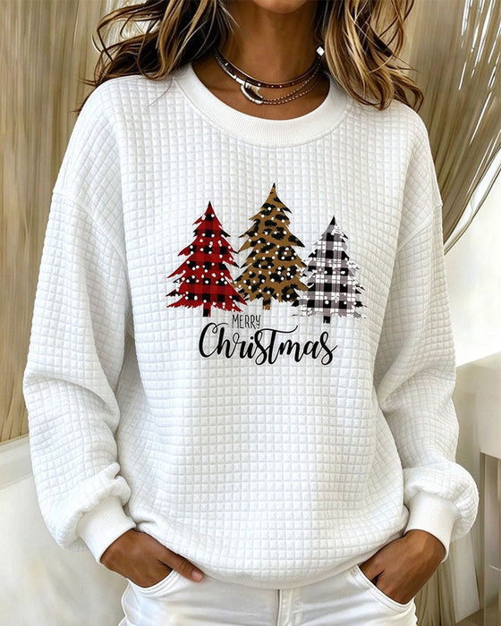 Sweatshirt Okrągły Dekolt W Kratę Pullover Choinka