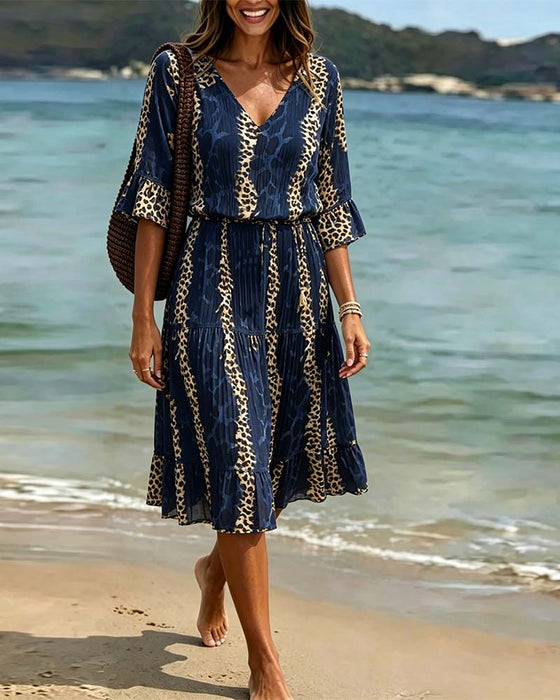 Sukienka V-Szyjka Lampart Patchwork Midi Wakacje