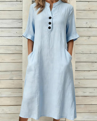 Sukienka Len Stójka Rękaw Średni