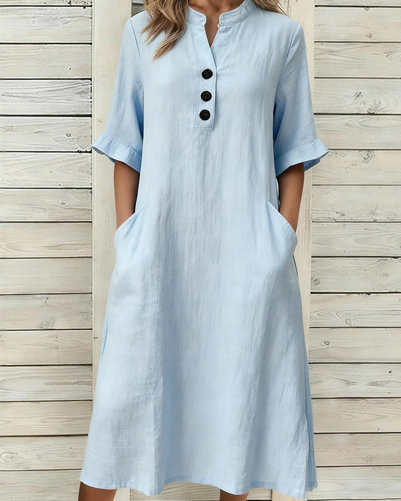 Sukienka Len Stójka Rękaw Średni