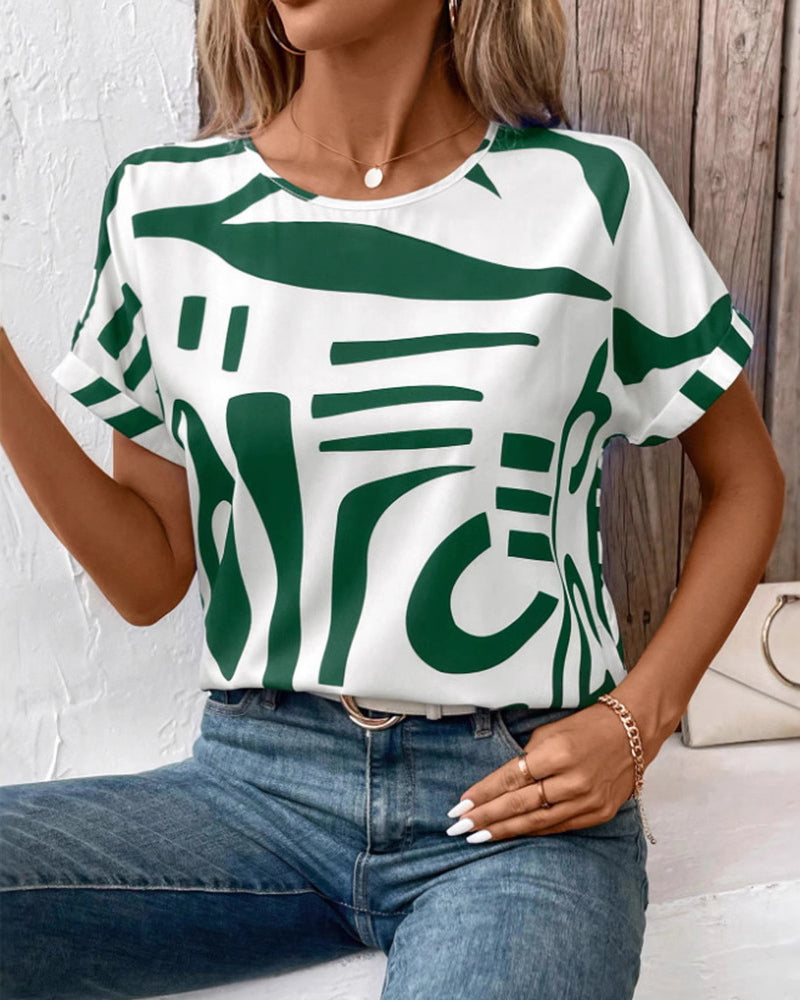 T-Shirt Okrągły Szyj Krótki Rękaw Geometryczny Nadruk