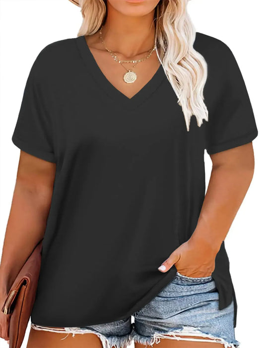 T-Shirt Dekolt W Krótki Rękaw Luźny Swobodny