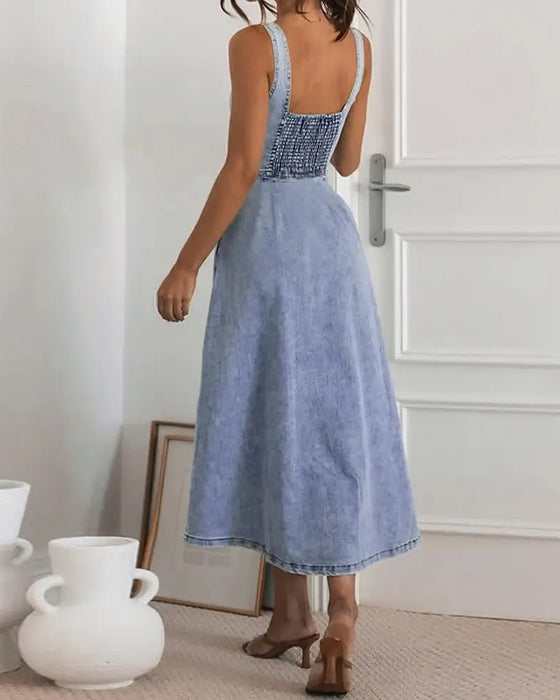 Sukienka Spaghetti Ramiączko Guzik Talia Wcięta Denim
