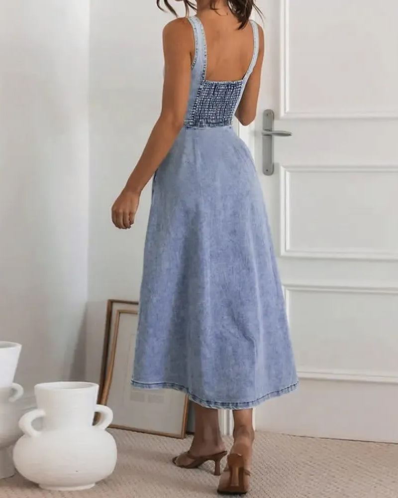 Sukienka Spaghetti Ramiączko Guzik Talia Wcięta Denim
