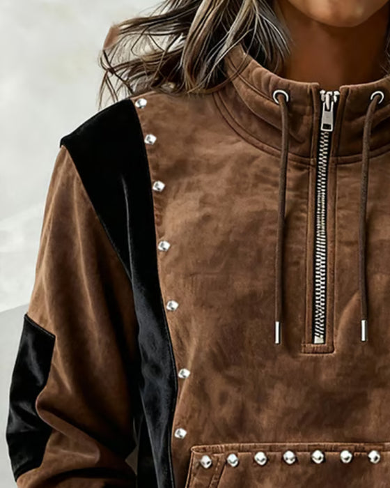 Sweatshirt Zamek Błyskawiczny Blok Koloru Luźny