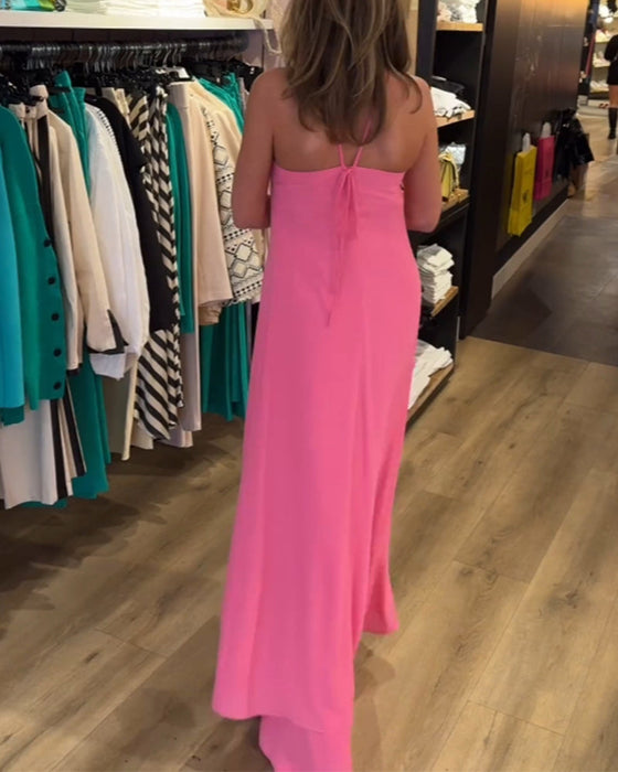 Dwuczęściowy komplet z dekoltem typu halter i rozcięciem w jednolitym kolorze