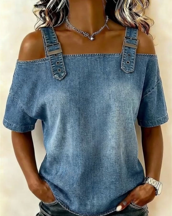 Bluzka Off-Shoulder Z Paskiem Na Ramieniu Denim