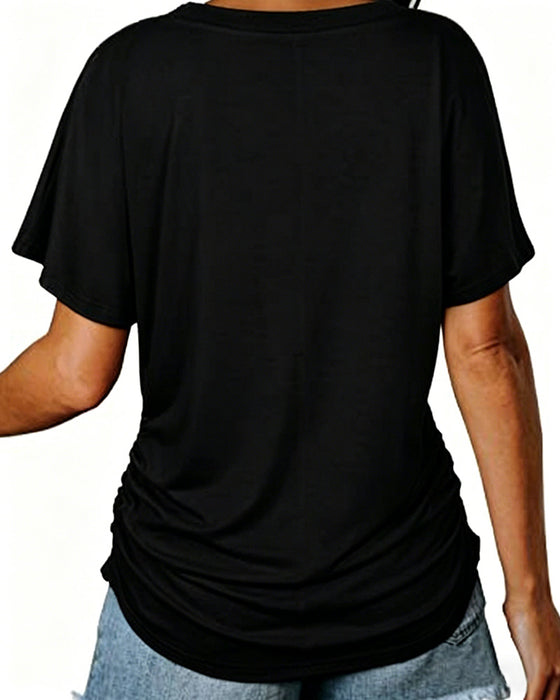 T-Shirt Plisowany Jednokolorowy Dekolt W Serek