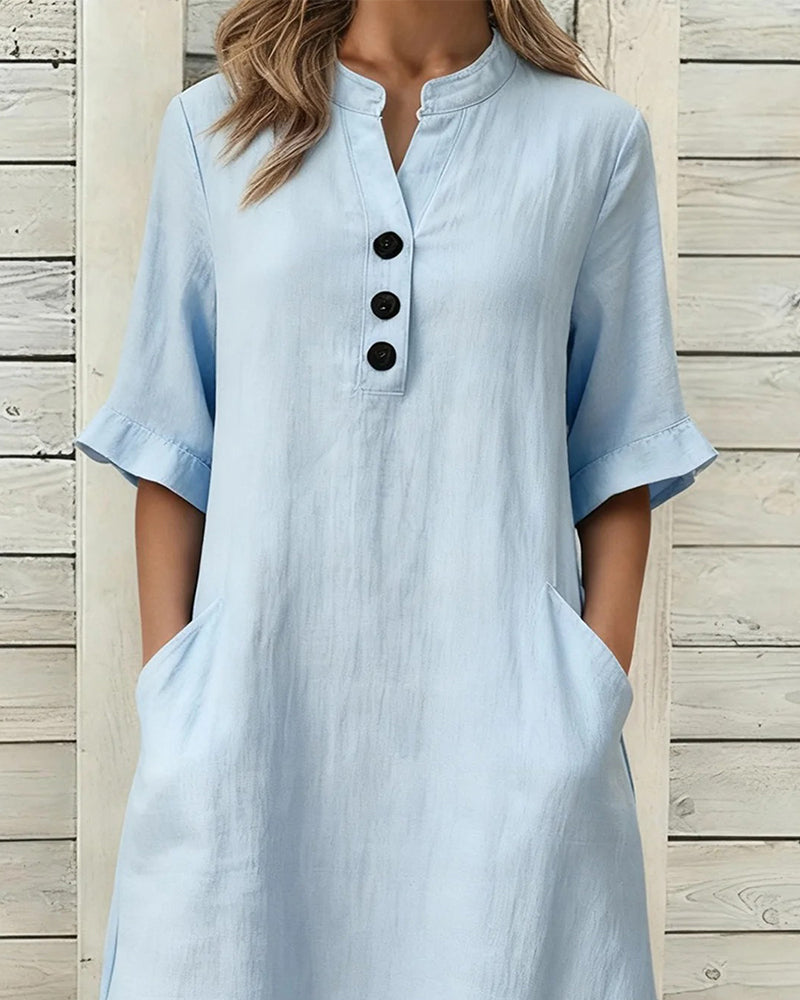 Sukienka Len Stójka Rękaw Średni