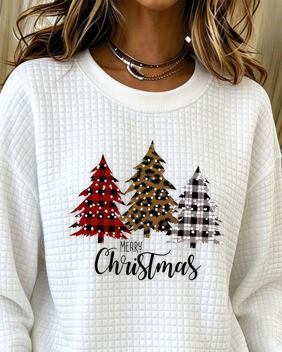 Sweatshirt Okrągły Dekolt W Kratę Pullover Choinka