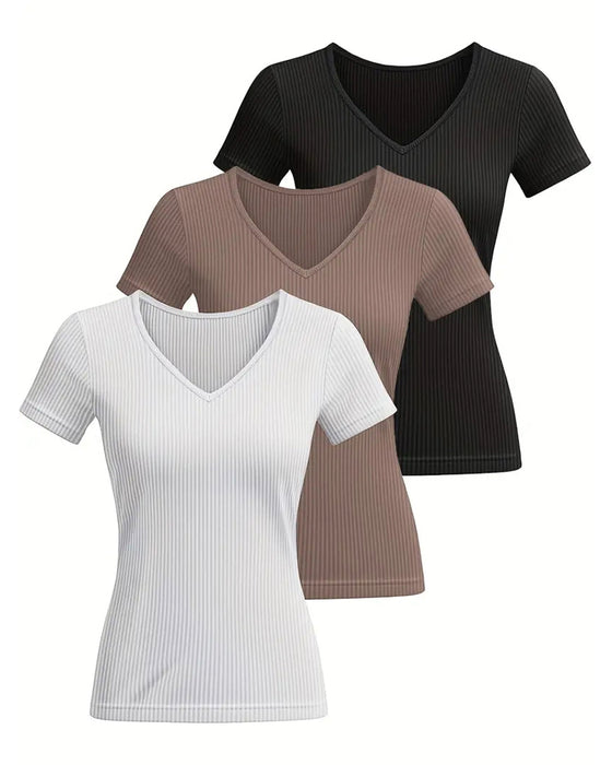 T-Shirt Jednokolorowy Dekolt V Casual Krótki Rękaw