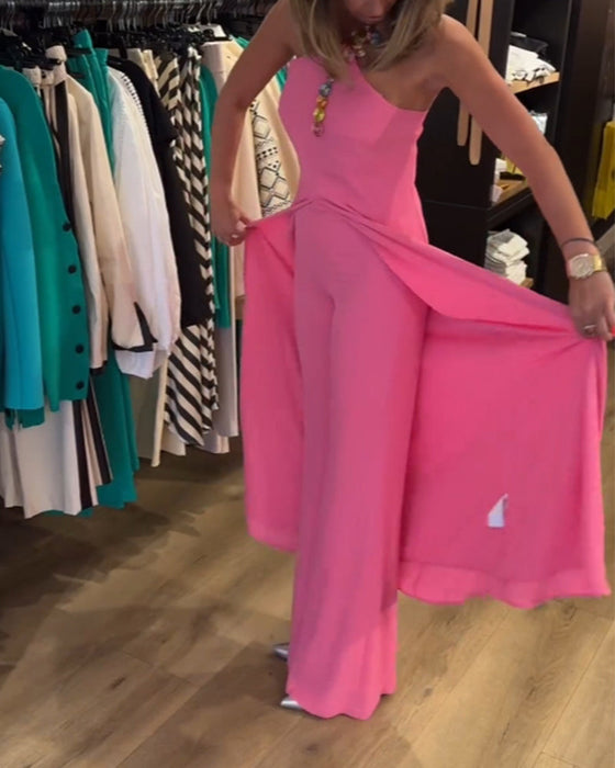 Dwuczęściowy komplet z dekoltem typu halter i rozcięciem w jednolitym kolorze