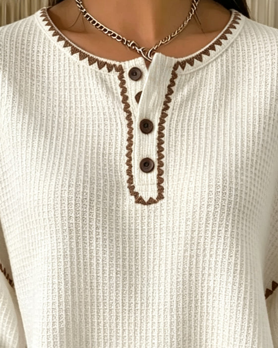 Bluza Okrągły Dekolt Guzik Swobodny