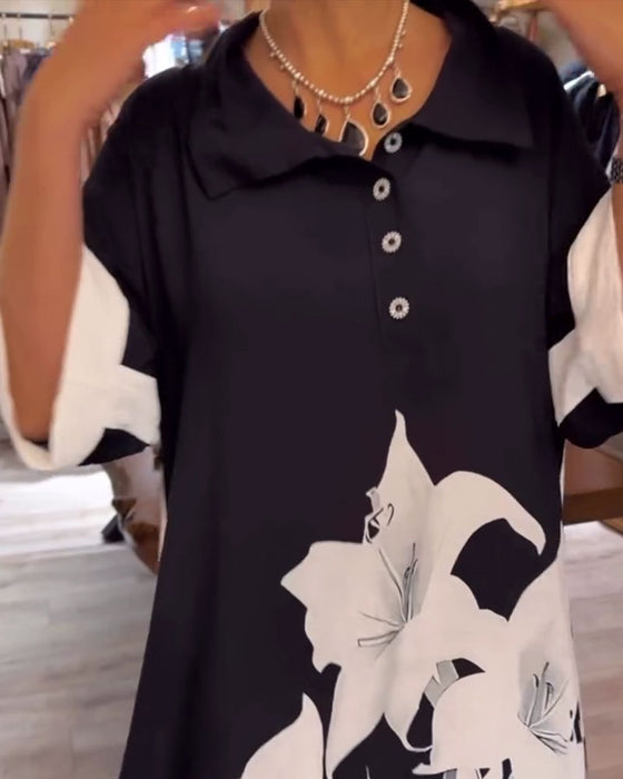 Sukienka Kołnierz Nadruk Oversized Maxi