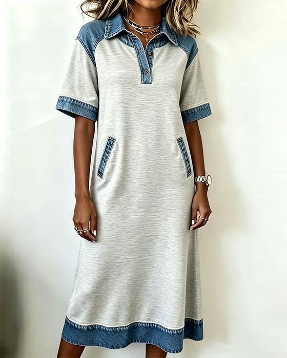 Sukienka Kołnierz Koszuli Denim Patchwork Kieszeń