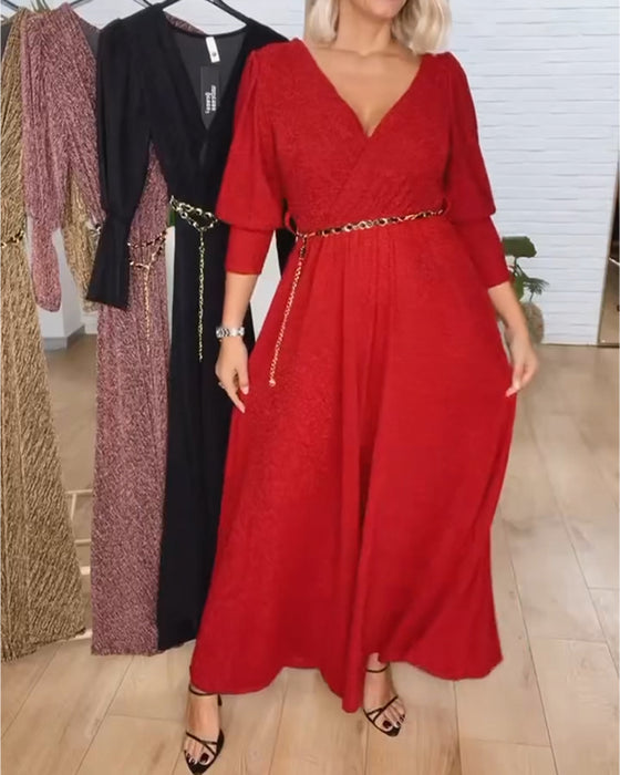 Stylowa Sukienka W Jednolitym Kolorze Z Dekoltem W Serek