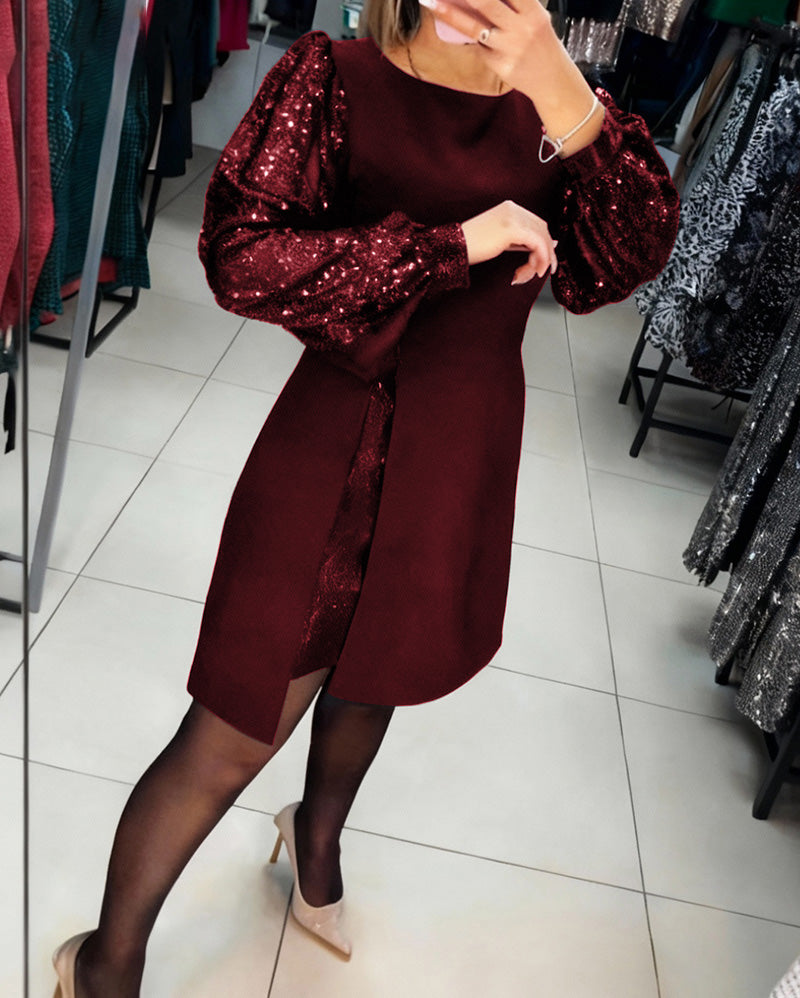 Elegancka Sukienka Z Bufiastymi Rękawami I Detalami Patchwork